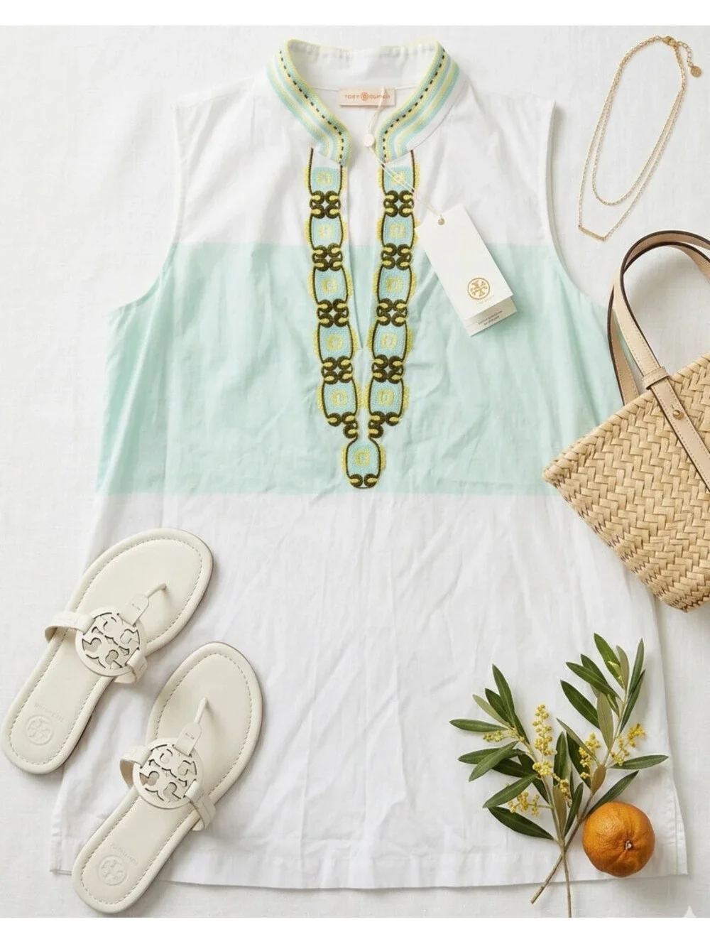 Tory Burch Isla Collins Stripe Tessa Tunic White Mint Green Embroidered Top Sz 6